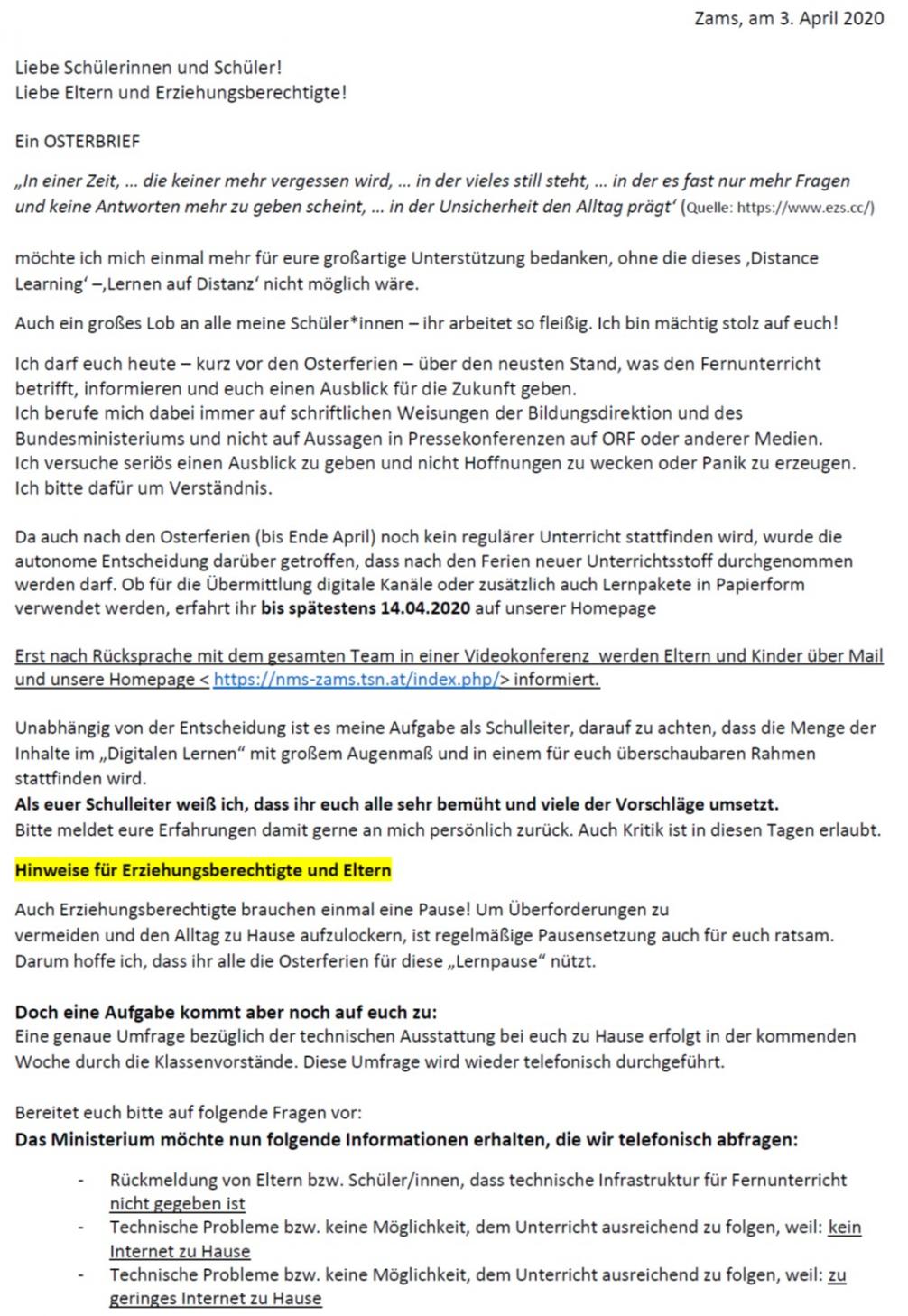 Eltern - Osterbrief