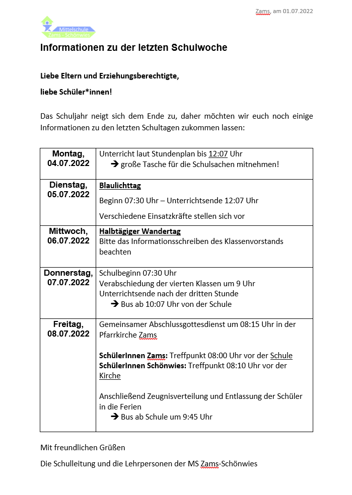 Informationen zur letzten Schulwoche